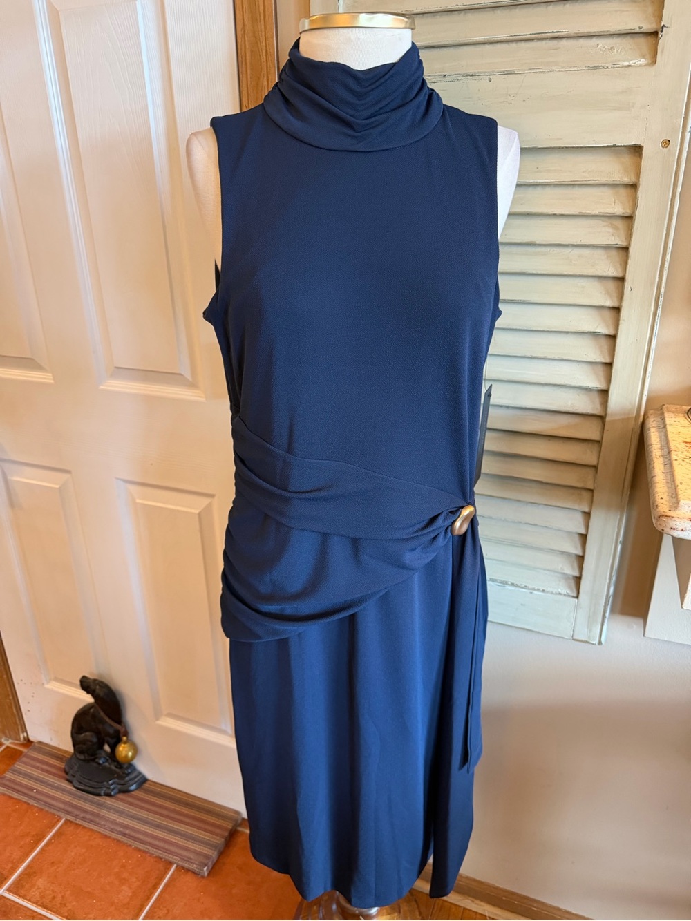 Donna Karan Navy Sleeveless Midi Dress with Draped Side Ring ELEGANT ⭐️⭐️⭐️⭐️⭐️